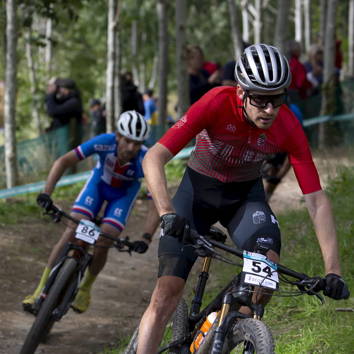 2023 UCI Cycling World Championships - Mountain Bike - Elite Men - Zsombor Palumby of Hungary rides on a woodland trail