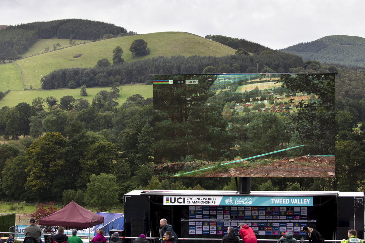 2023 UCI Cycling World Championships - Mountain Bike - Elite Women - The big screen at Glentress blends into the background