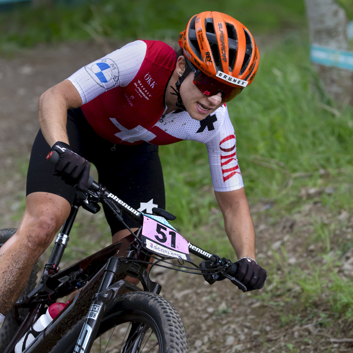 2023 UCI Cycling World Championships - Mountain Bike - Elite Women - Ramona Forchini of Switzerland grits her teeth in determination as she takes part in the event