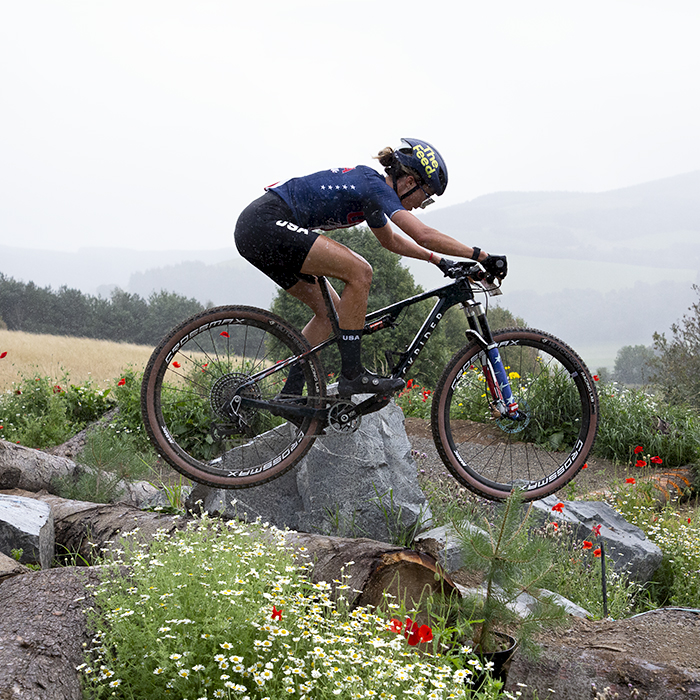 2023 UCI Cycling World Championships - Mountain Bike - Elite Women - Savilia Blunk of USA takes a jump