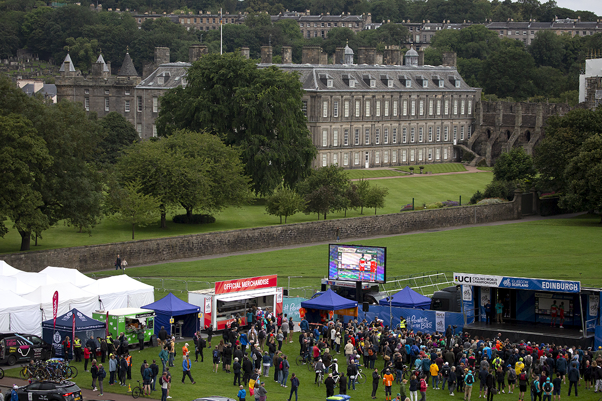 2023 UCI Cycling World Championships - Road Race - Elite Men - An overview of the podium in Edinburgh from Arthur’s Mount during sign on for the race