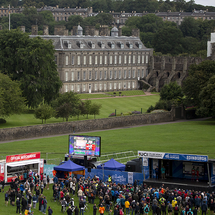 2023 UCI Cycling World Championships - Road Race - Elite Men - An overview of the podium in Edinburgh from Arthur’s Mount during sign on for the race