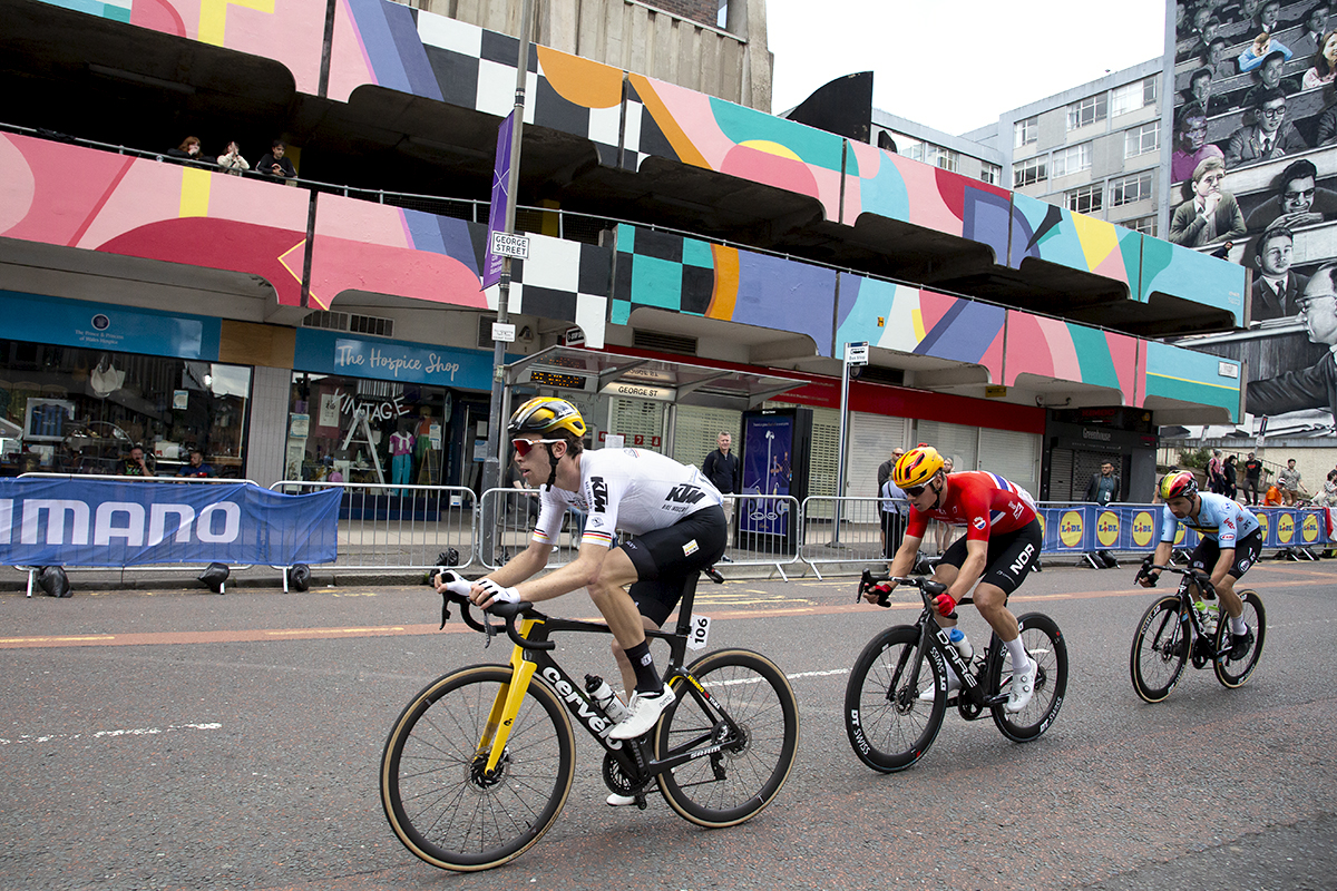 2023 UCI Cycling World Championships - Road Race - Elite Men - Michel Hessmann of Germany leads a group down George Street