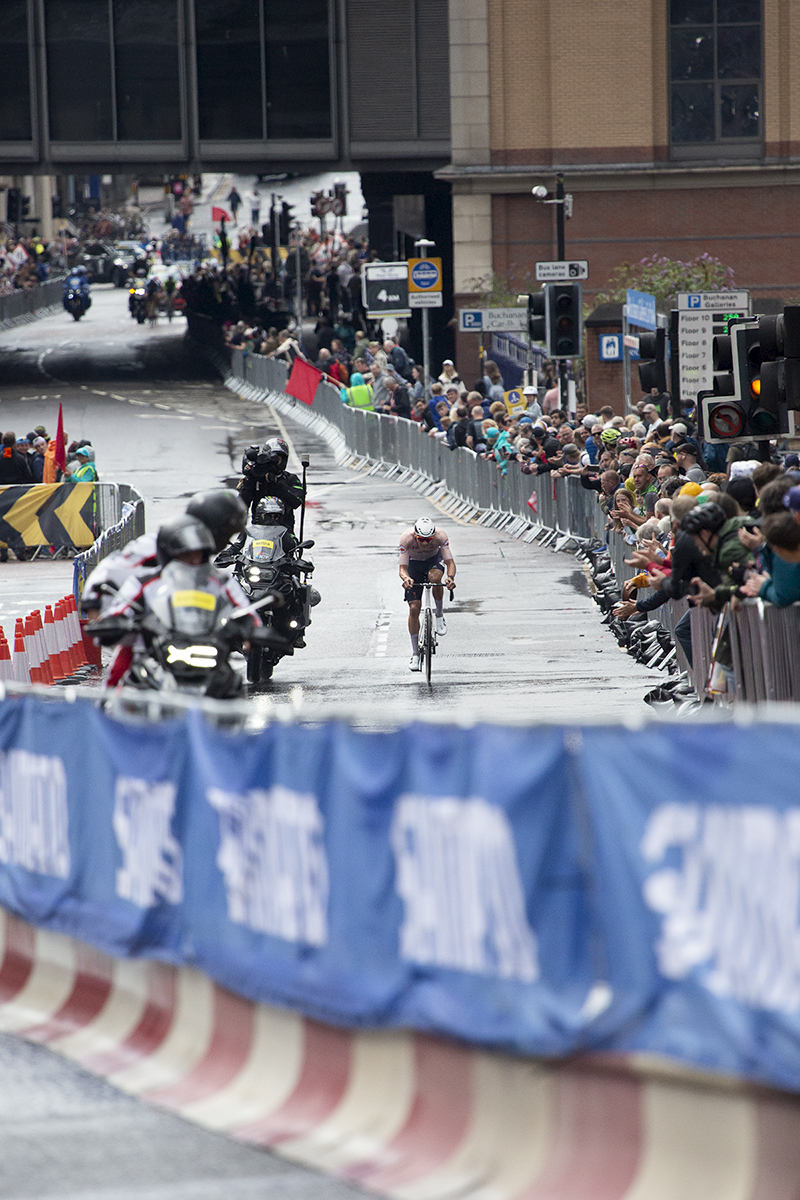 2023 UCI Cycling World Championships - Road Race - Elite Men - Mathieu van de Poel of the Netherlands takes a significant lead as he makes his way down Cathedral Street