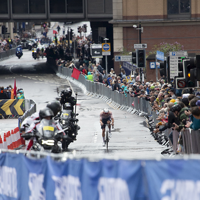 2023 UCI Cycling World Championships - Road Race - Elite Men - Mathieu van de Poel of the Netherlands takes a significant lead as he makes his way down Cathedral Street