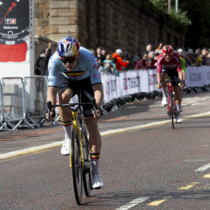 2023 UCI Cycling World Championships - Road Race - Elite Men - Belgium's Wout van Aert passes under the flamme rouge on his way to the finish