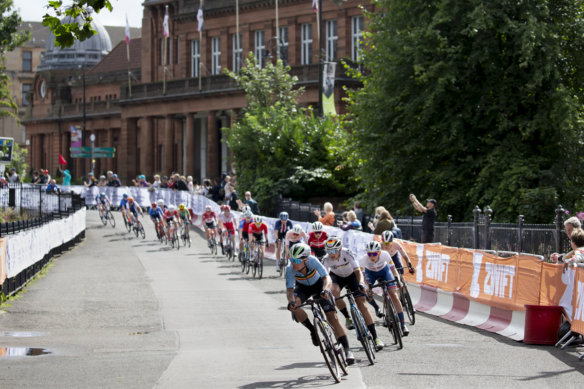 2023 UCI Cycling World Championships - Road Race - Elite Women - The peloton descend past Kelvingrove Art Gallery and Museum