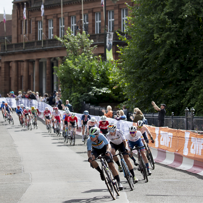 2023 UCI Cycling World Championships - Road Race - Elite Women - The peloton descend past Kelvingrove Art Gallery and Museum