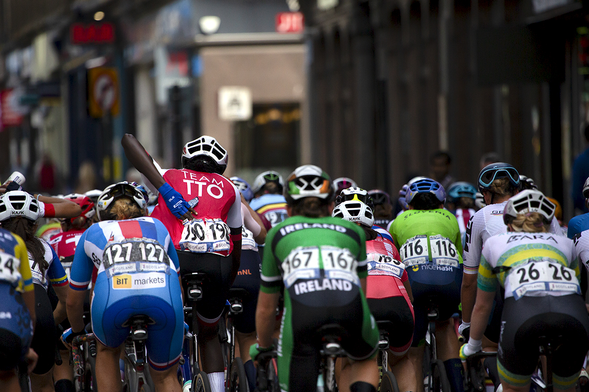 2023 UCI Cycling World Championships - Road Race - Elite Women - Teniel Campbell of Trinidad and Tobago reaches for a gel