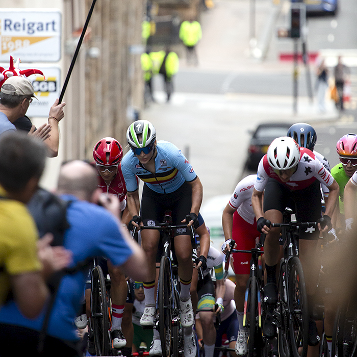 2023 UCI Cycling World Championships - Road Race - Elite Women - Riders push through the crowds at the top of Scott Street