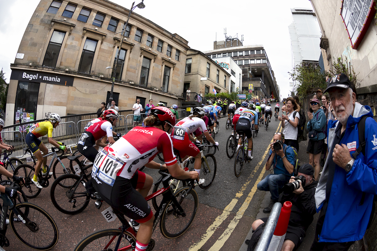 2023 UCI Cycling World Championships - Road Race - Elite Women - Riders at the bottom of Scott Street about to tackle the climb