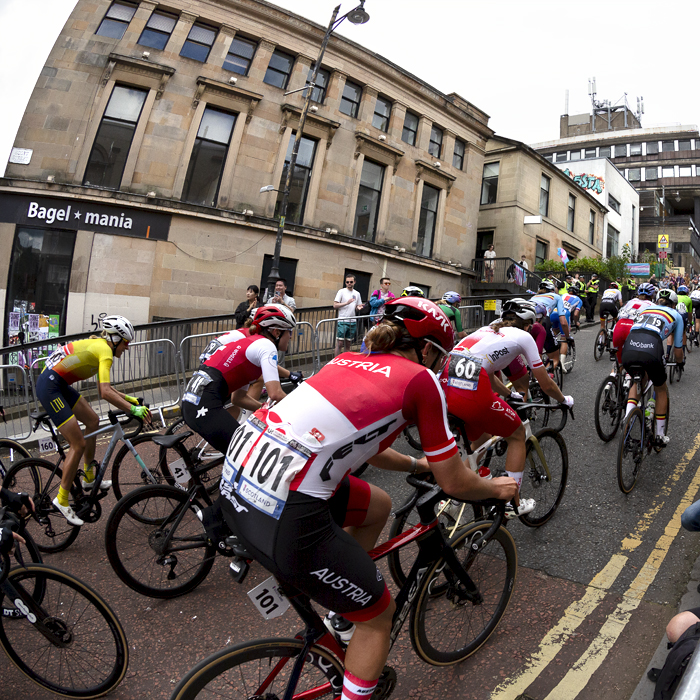 2023 UCI Cycling World Championships - Road Race - Elite Women - Riders at the bottom of Scott Street about to tackle the climb