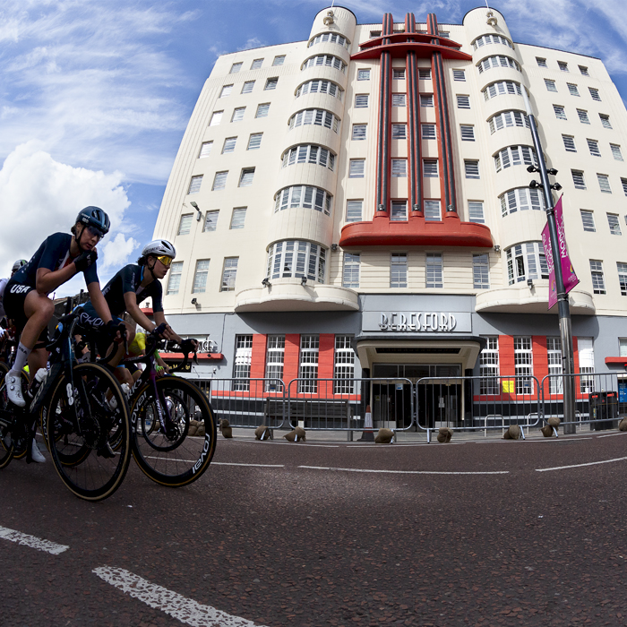 2023 UCI Cycling World Championships - Road Race - Elite Women - The race makes its way past the Art Deco building, The Beresford