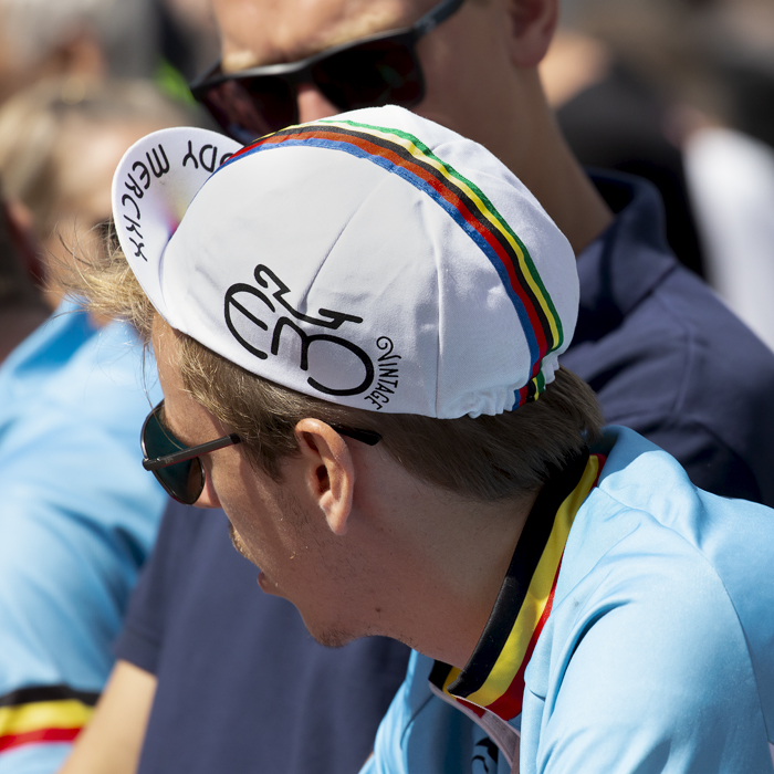 2023 UCI Cycling World Championships - Time Trial - Elite Men - A Belgian fan wearing an Eddy Merckx world champion cap watches the race