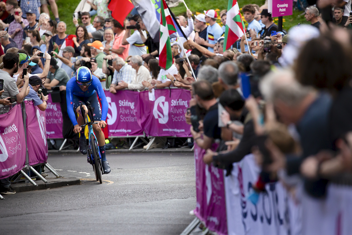 2023 UCI Cycling World Championships - Time Trial - Elite Men - Filippo Ganna of Italy races towards the final section of the course with large crowds cheering him on