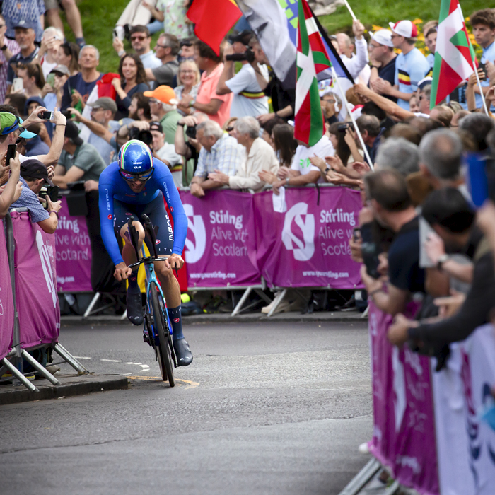 2023 UCI Cycling World Championships - Time Trial - Elite Men - Filippo Ganna of Italy races towards the final section of the course with large crowds cheering him on