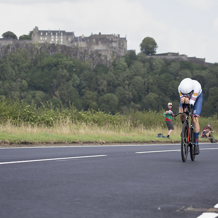 2023 UCI Cycling World Championships - Time Trial - Elite Men - Geraint Thomas of Great Britain in an aero tuck with Stirling Castle in the background