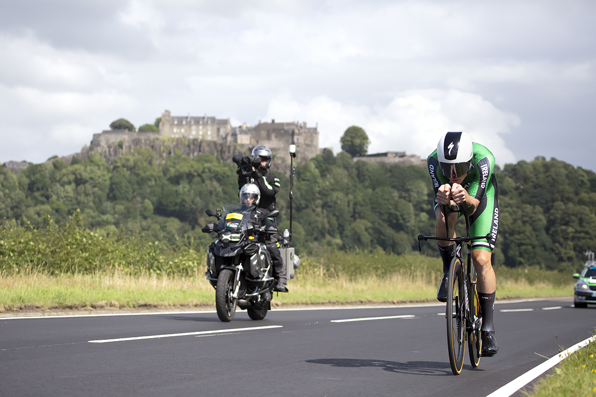 2023 UCI Cycling World Championships - Time Trial - Elite Men - Ryan Mullen from Ireland begins his effort with Stirling Castle in the background