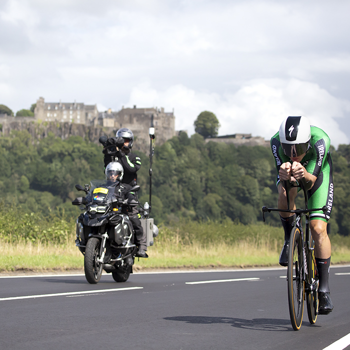 2023 UCI Cycling World Championships - Time Trial - Elite Men - Ryan Mullen from Ireland begins his effort with Stirling Castle in the background