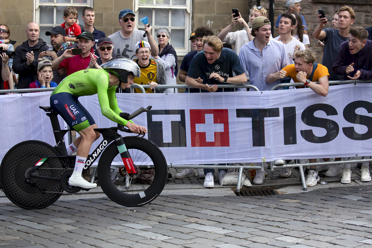 2023 UCI Cycling World Championships - Time Trial - Elite Men - Tadej Pogačar of Slovenia is cheered on by an exuberant crowd