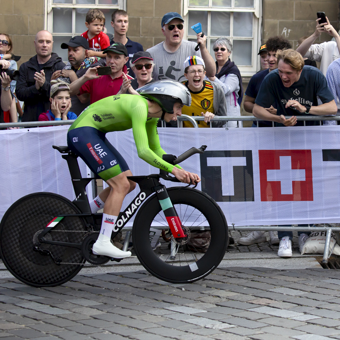 2023 UCI Cycling World Championships - Time Trial - Elite Men - Tadej Pogačar of Slovenia is cheered on by an exuberant crowd