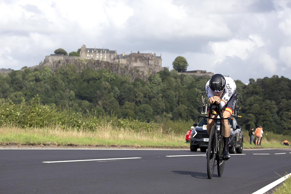 2023 UCI Cycling World Championships - Time Trial - Elite Men - Xabier Mikel Azparren of Spain in an aero tuck with Stirling Castle behind