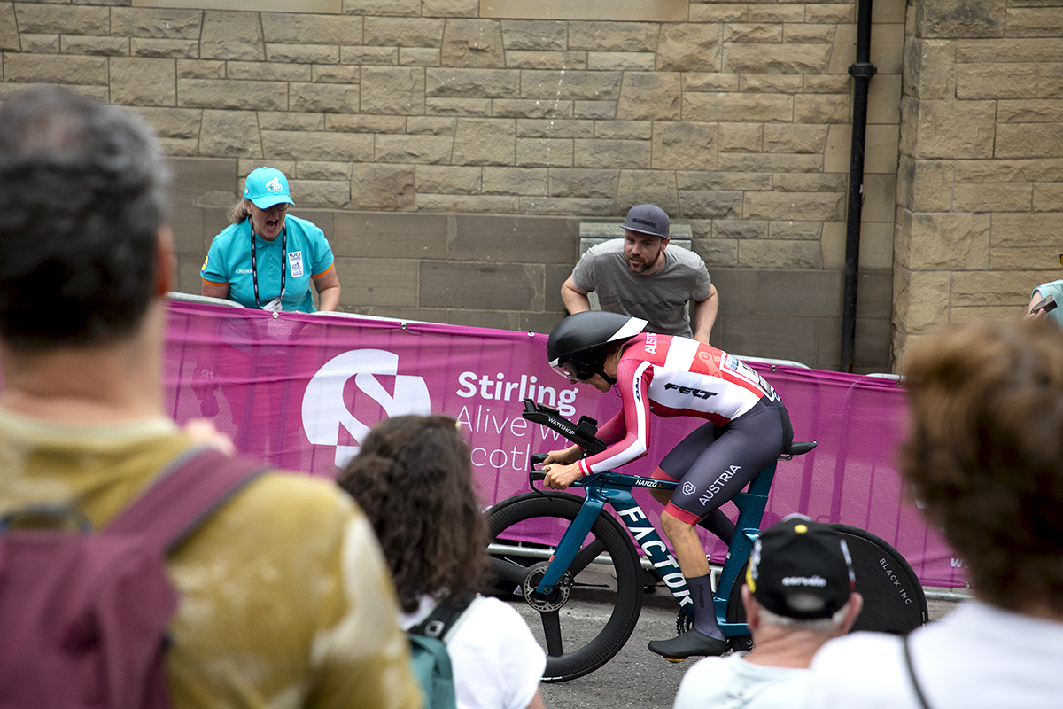 2023 UCI Cycling World Championships - Time Trial - Elite Women - Austria’s Anna Kiesenhofer is framed by fans as she rides up the final climb in Stirling