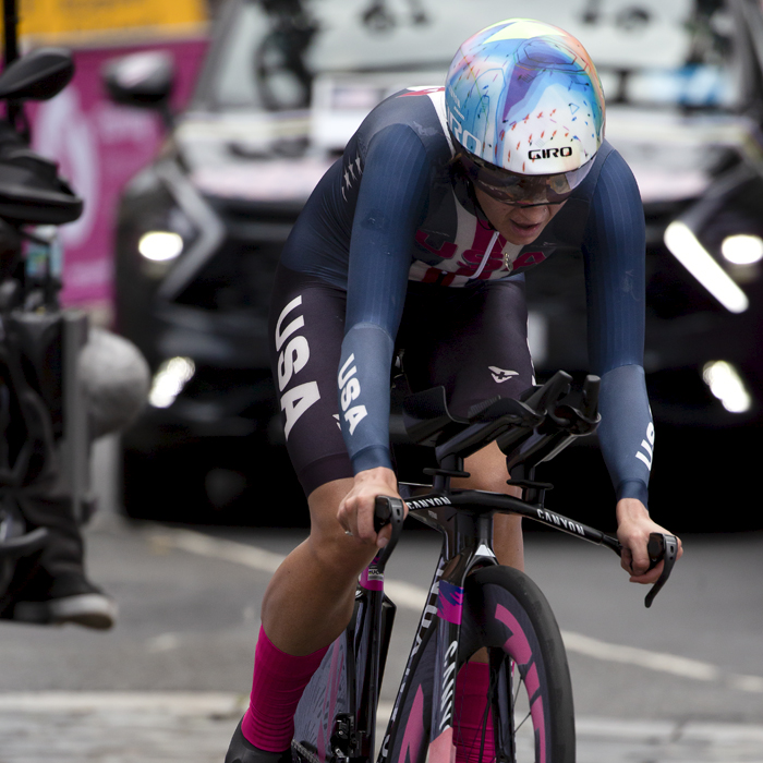 2023 UCI Cycling World Championships - Time Trial - Elite Women - Chloe Dygert of USA is followed by her support vehicle as she rides through the streets of Stirling