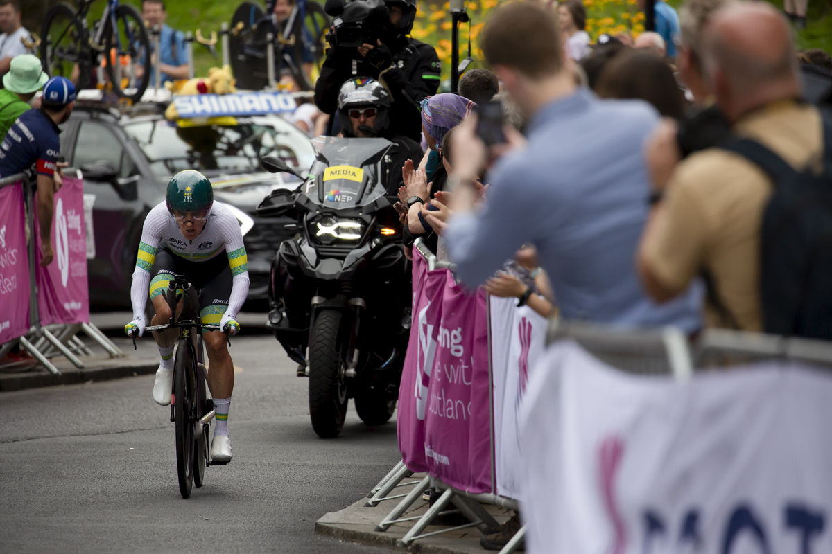 2023 UCI Cycling World Championships - Time Trial - Elite Women - Australia’s Grace Brown is followed by the TV motorbike