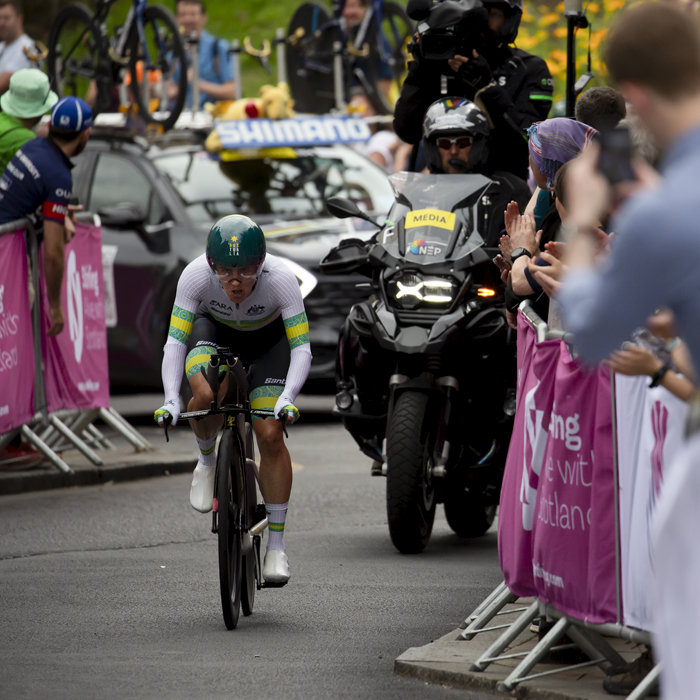 2023 UCI Cycling World Championships - Time Trial - Elite Women - Australia’s Grace Brown is followed by the TV motorbike