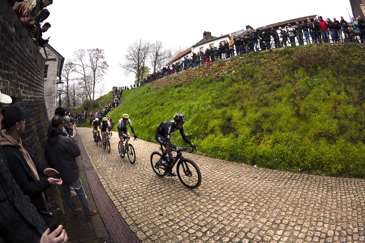 Amstel Gold Race 2023 - Team DSM rider Leon Heinschke leads the breakaway up the Maasberg