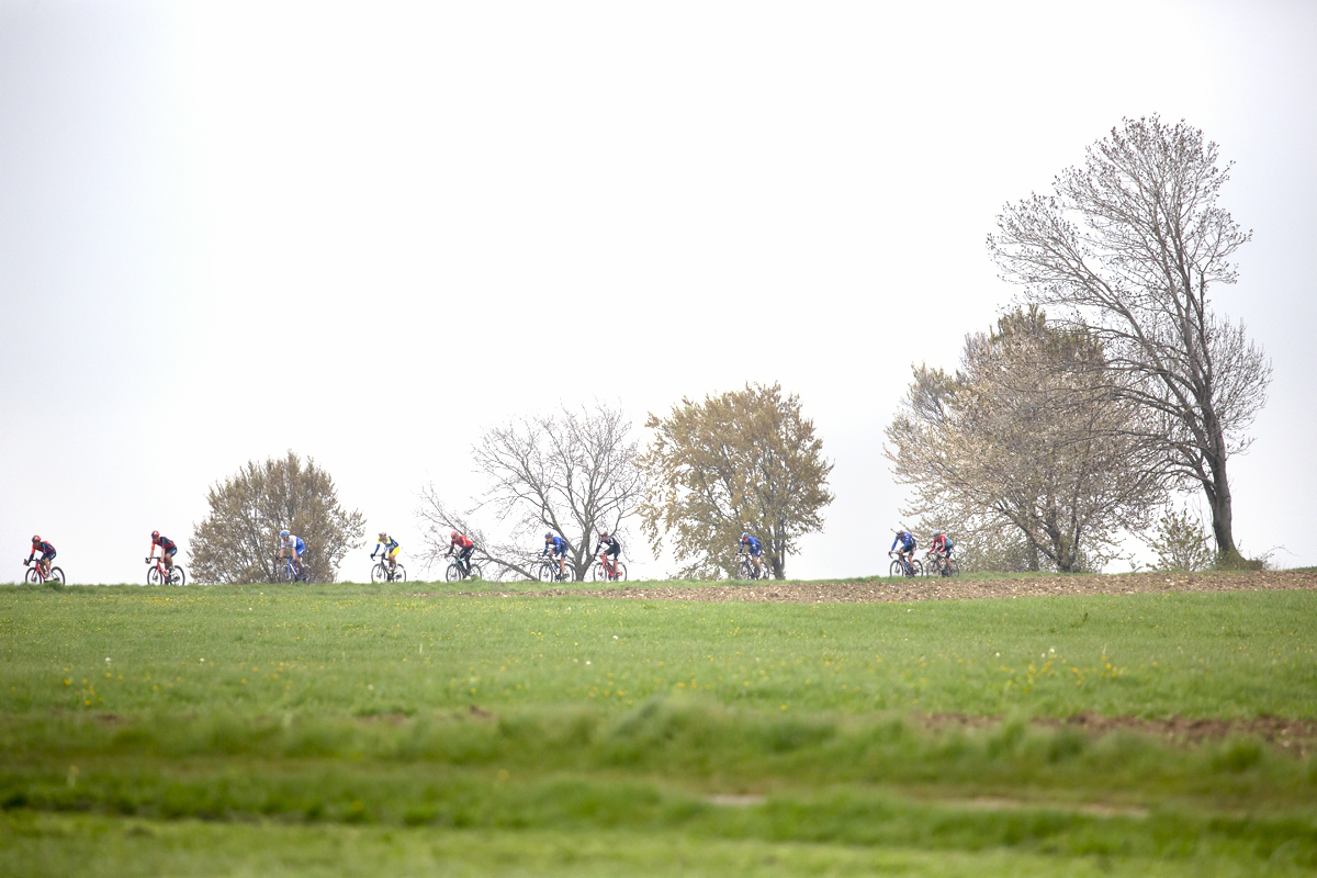 Amstel Gold Race 2023 - A group of riders pass a line of trees in the distance