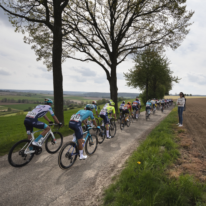 Amstel Gold Race 2024 - Riders pass trees and an open view on Heugdenweg as a fan watches on