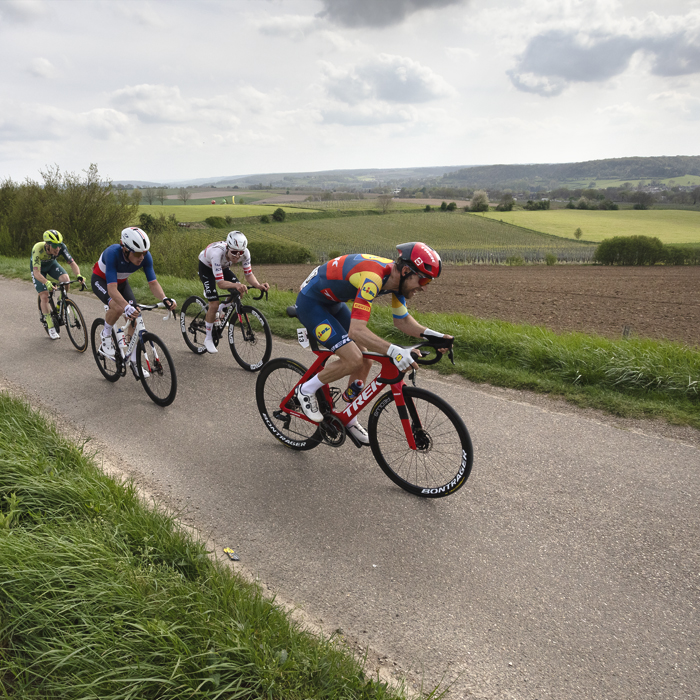 Amstel Gold Race 2024 - Bauke Mollema of Lidl - Trek leads a group of riders past an open view on Schaapsdries