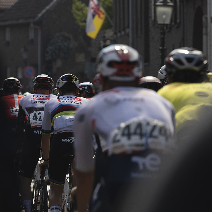Amstel Gold Race 2025 - A rear view of the peloton as it makes its way through Elsloo, a Limburg flag flying in the distance