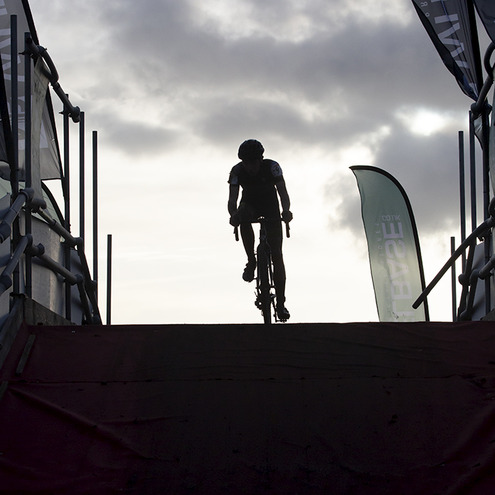 British National Cyclo-Cross Championships 2023 - A silhouette of Bjoern Koerdt as he prepares to descend a ramp