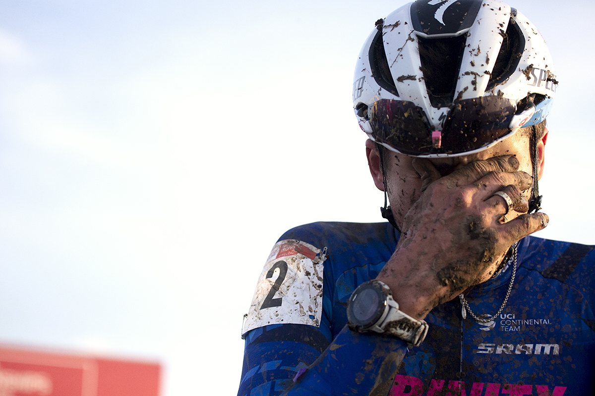 British National Cyclo-Cross Championships 2023 - Cameron Mason puts his hand to his face as the emotion of his victory overcomes him