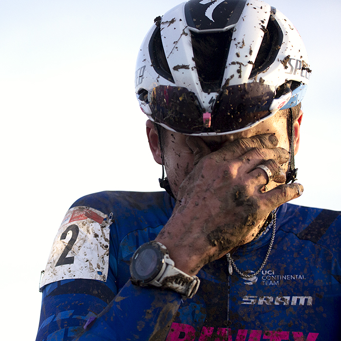 British National Cyclo-Cross Championships 2023 - Cameron Mason puts his hand to his face as the emotion of his victory overcomes him