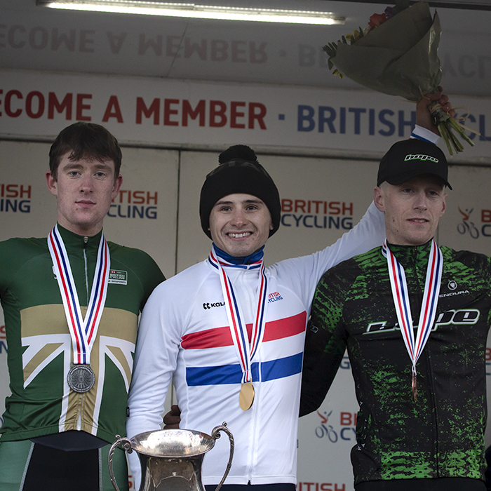 British National Cyclo-Cross Championships 2023 - Cameron Mason, Joseph Blackmore and Thomas Mein the medalists of the Elite Men’s championship on the podium after the race