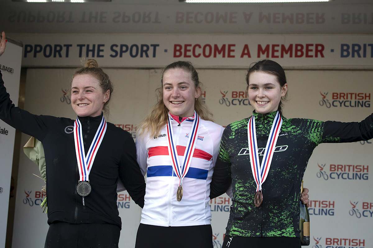 British National Cyclo-Cross Championships 2023 - The winners of the Elite Women’s race, Zoe Backstedt, Annie Last and Ella Maclean-Howell take to the podium