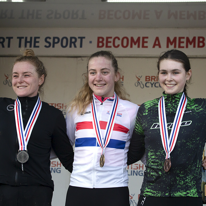 British National Cyclo-Cross Championships 2023 - The winners of the Elite Women’s race, Zoe Backstedt, Annie Last and Ella Maclean-Howell take to the podium