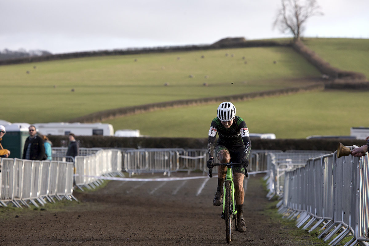 British National Cyclo-Cross Championships 2023 - Ella Maclean Howell rides down the finish straight with countryside in the background