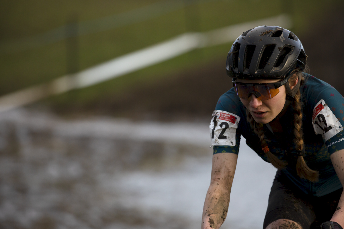 British National Cyclo-Cross Championships 2023 - Ishbel Strathdee splattered in mud as she rides in the competition