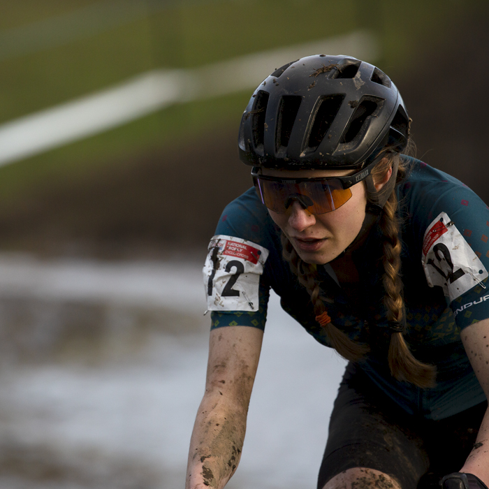 British National Cyclo-Cross Championships 2023 - Ishbel Strathdee splattered in mud as she rides in the competition