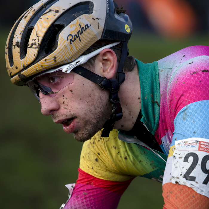 British National Cyclo-Cross Championships 2023 - James Madgwick face splashed with mud takes on the course