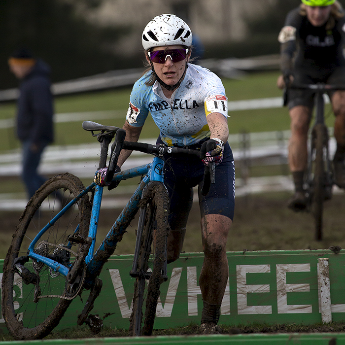 British National Cyclo-Cross Championships 2023 - Kate Eedy carries her bike over the hurdles