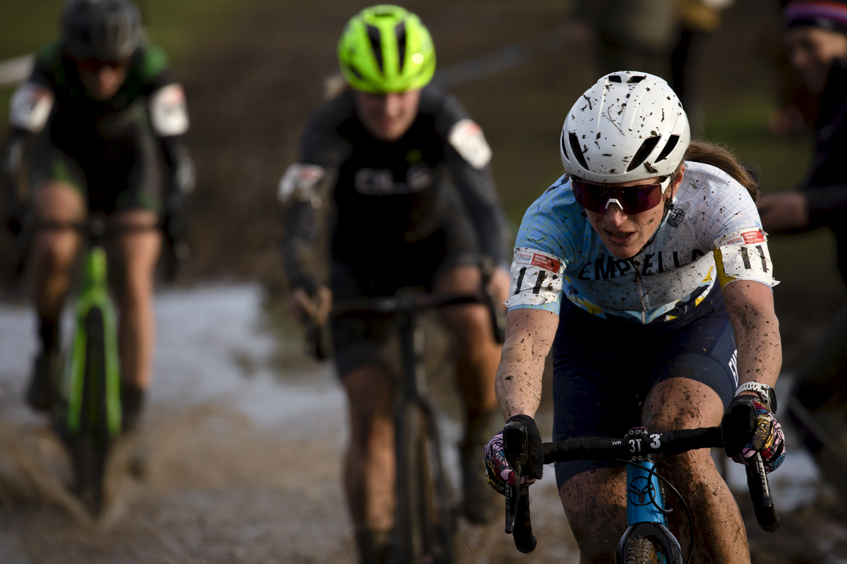 British National Cyclo-Cross Championships 2023 - Kate Eedy splashes through a waterlogged area of the course