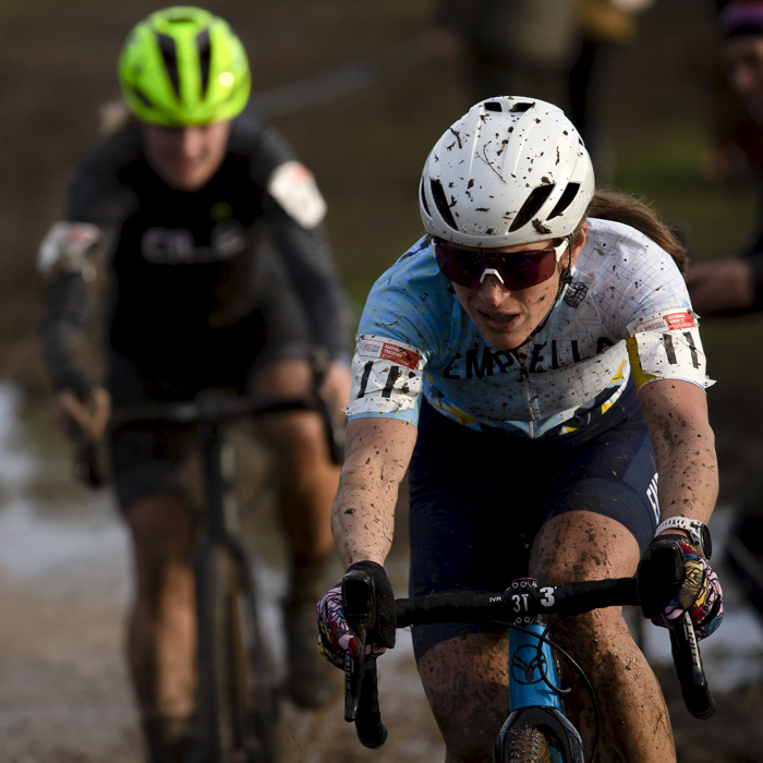 British National Cyclo-Cross Championships 2023 - Kate Eedy splashes through a waterlogged area of the course