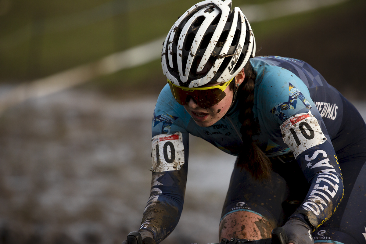 British National Cyclo-Cross Championships 2023 - Close up of Lotta Mansfield splattered in mud from the course