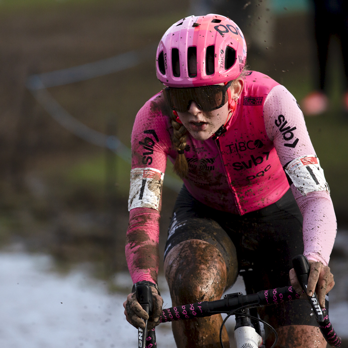 British National Cyclo-Cross Championships 2023 - Zoe Bäckstedt caked in mud from the course as she competes in the event